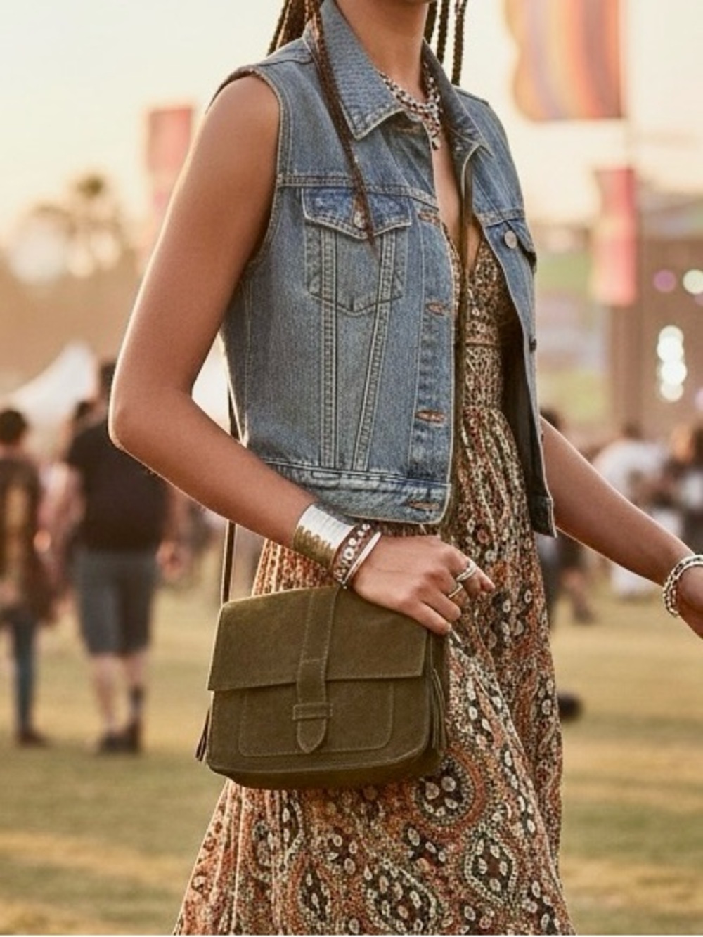 World Market Olive Faux Suede Crossbody Bag Tassel Boho Festival Small